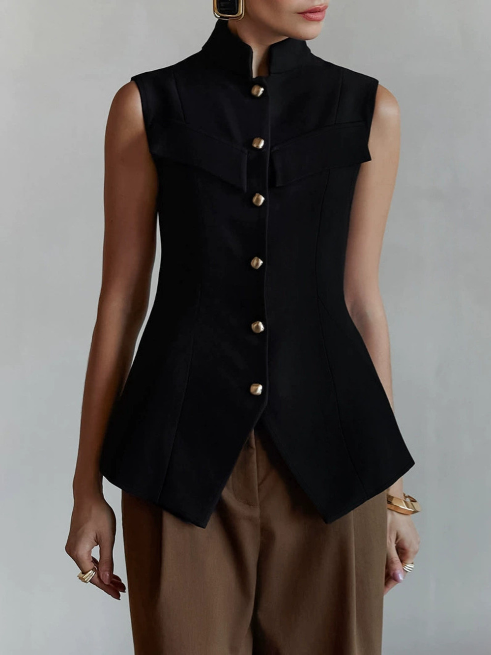 Forever 21 Stand Collar Button Front Sleeveless Fitted Side Slit Vest